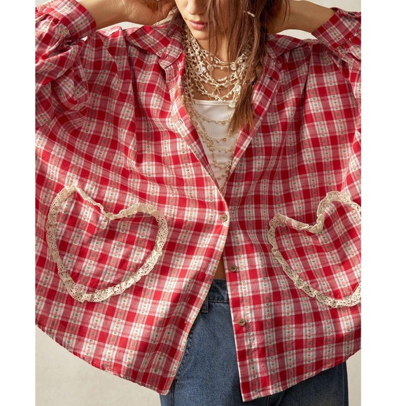 Boho Plaid Floral Print Eyelet Heart Pockets Button Down Shirt - Picture 3 of 6